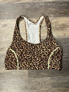 Fabletics Leopard Print Racerback Sports Bra - Tan, Black & Cream